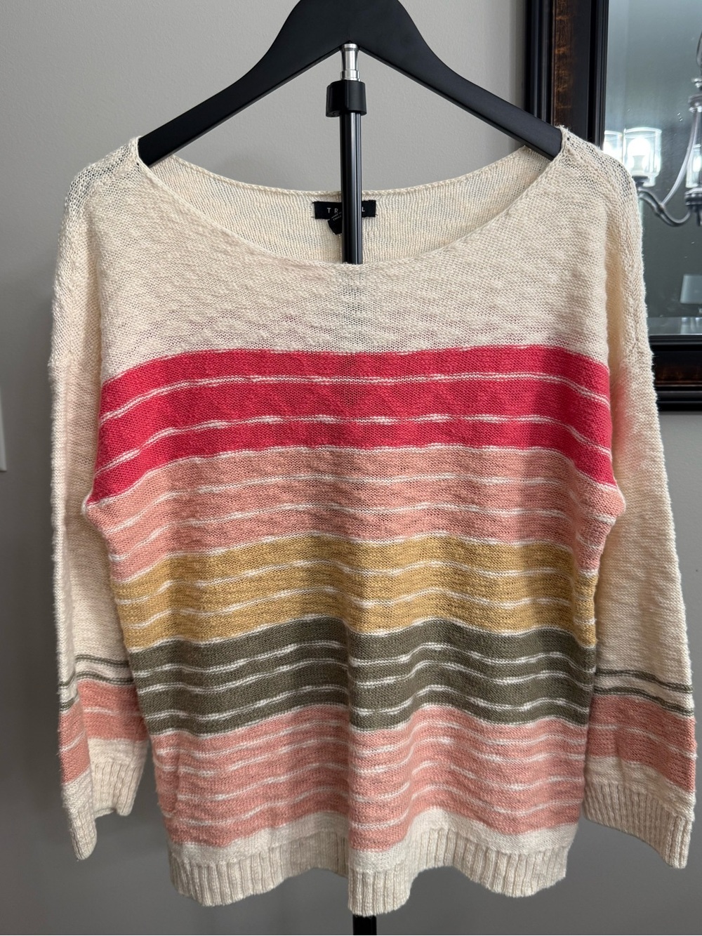 Tribal Cream Sweater with Pink, Peach, Gold & Olive Stripes